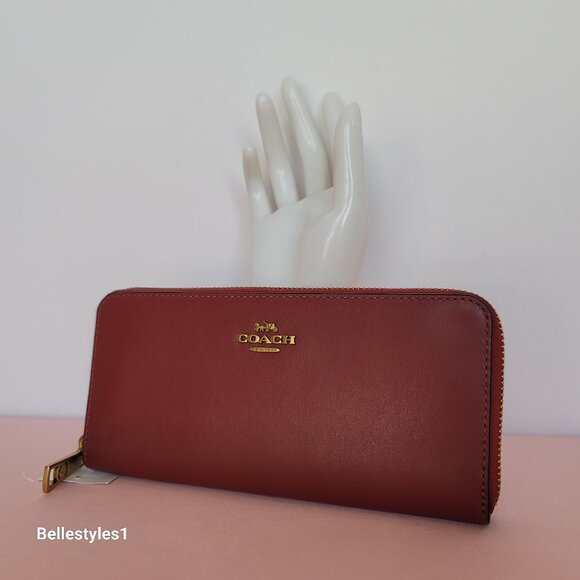 COACH Slim Accordion Smooth Calf Leather Zip-Around Wallet- Cherry color - Picture 5 of 16